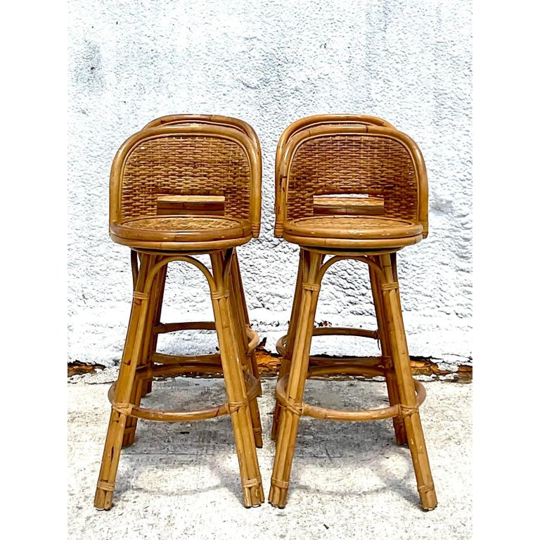 Vintage Coastal Rattan Swivel Bar Stools, Set of Four at 1stDibs ...