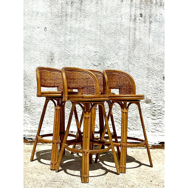 Vintage Coastal Rattan Swivel Bar Stools, Set of Four at 1stDibs ...