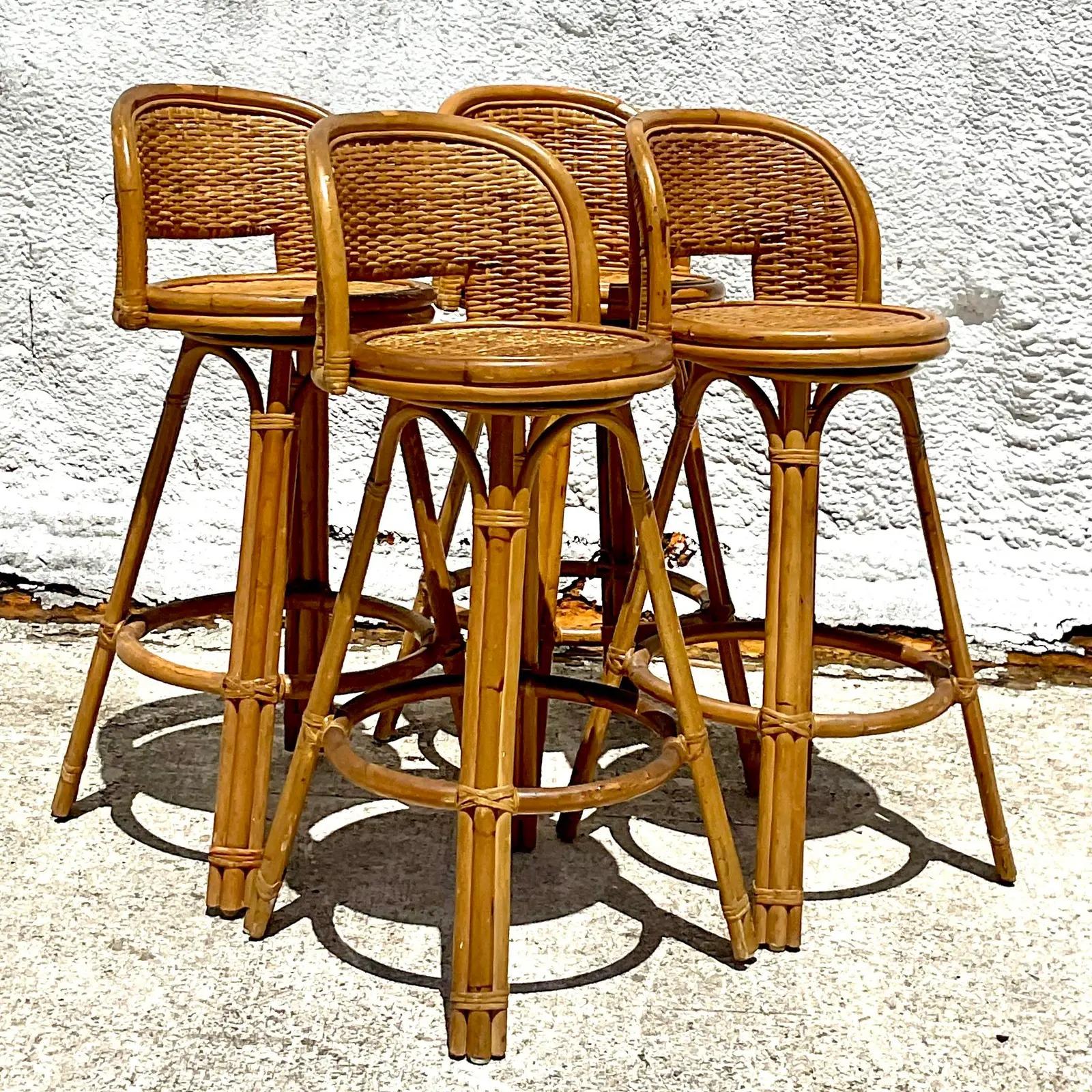 Vintage Coastal Rattan Swivel Bar Stools, Set of Four In Good Condition In west palm beach, FL