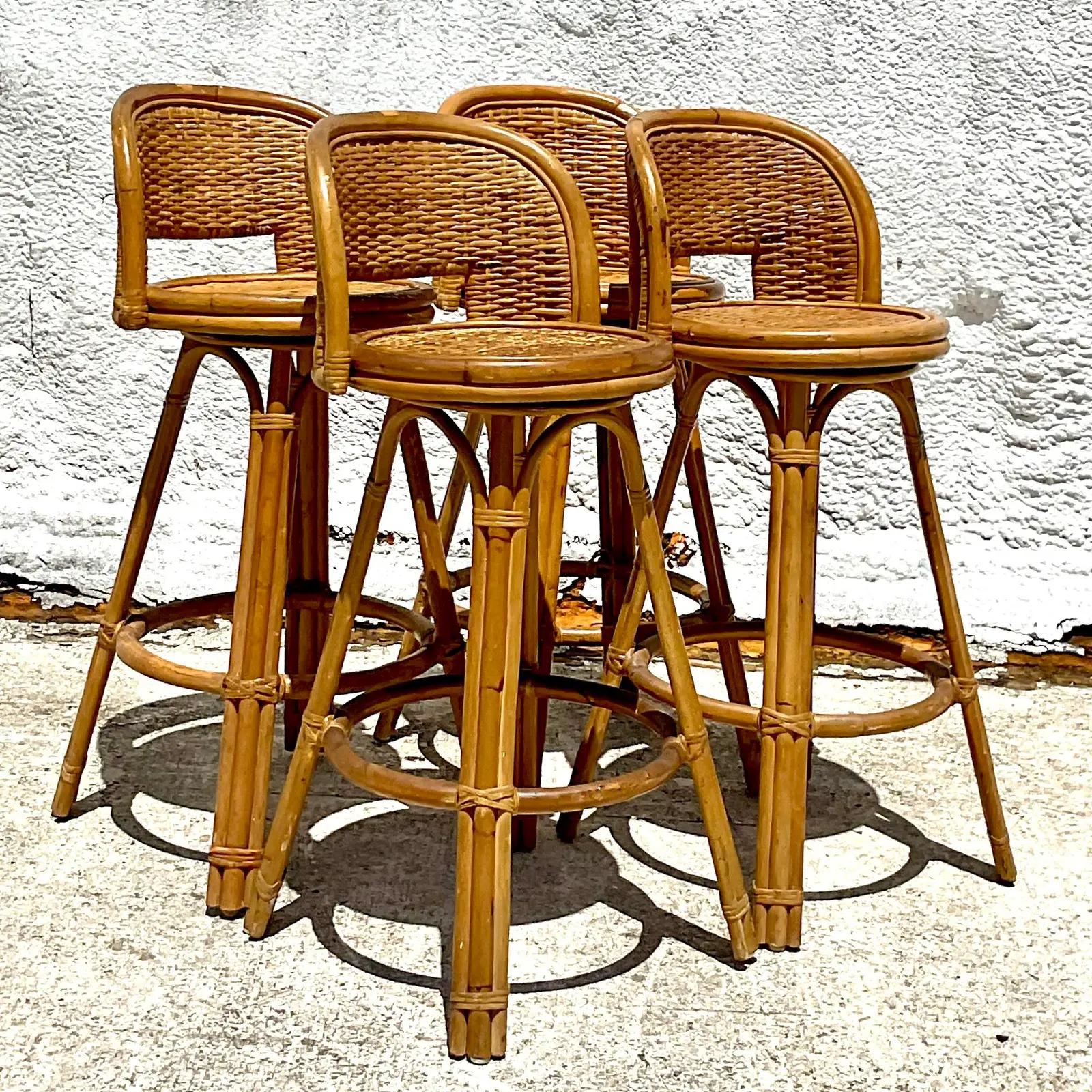 Vintage Coastal Rattan Swivel Bar Stools, Set of Four In Good Condition In West Palm Beach, FL