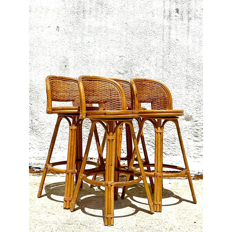 Vintage Coastal Rattan Swivel Bar Stools, Set of Four at 1stDibs