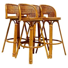 Vintage Coastal Rattan Swivel Bar Stools, Set of Four