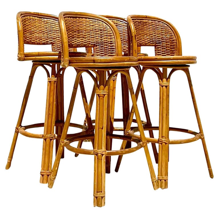 Vintage Coastal Rattan Swivel Bar Stools, Set of Four at 1stDibs