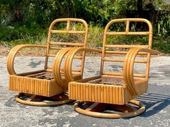 Vintage Coastal Rattan Swivel Chairs, a Pair