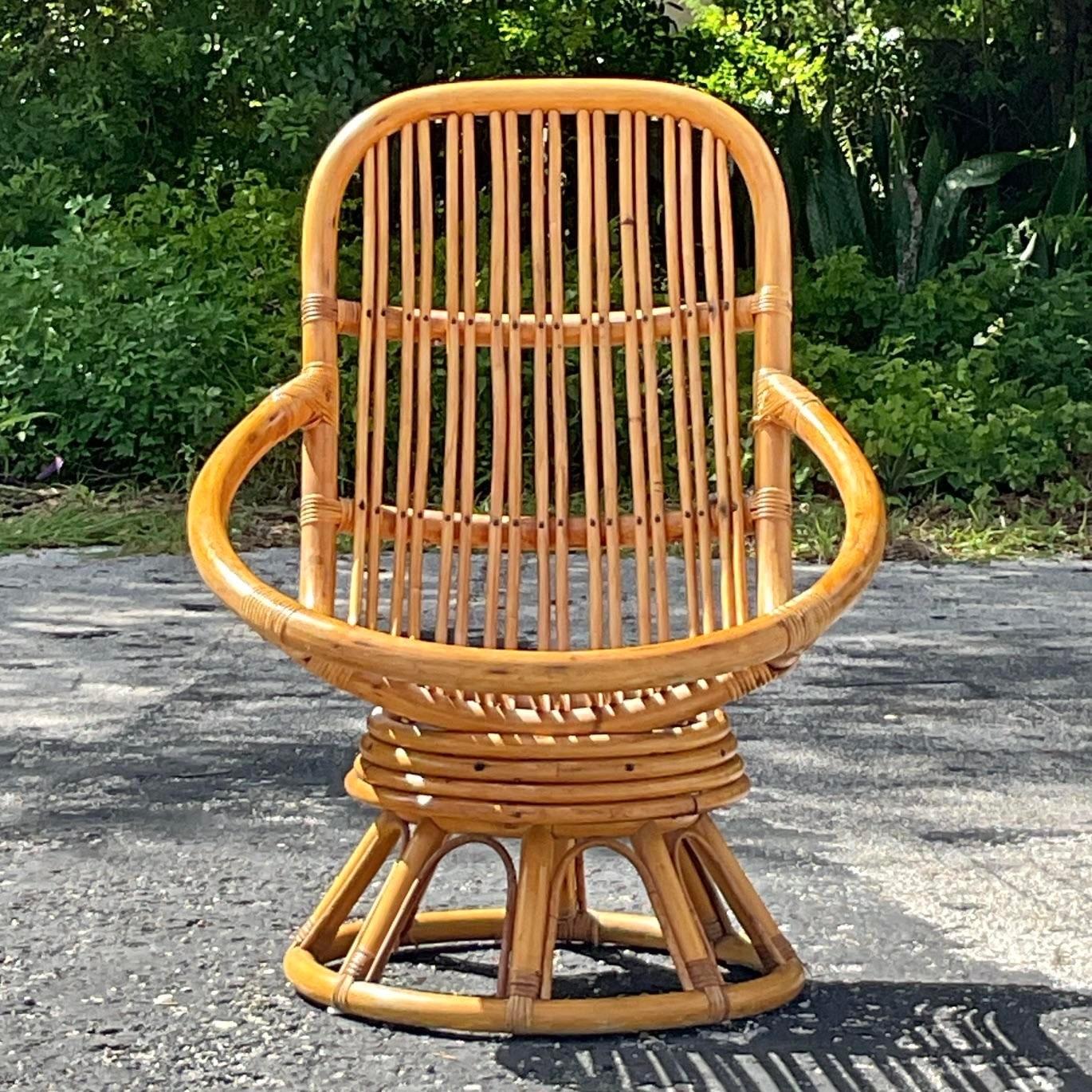 Philippine Vintage Coastal Rattan Swivel Lounge Chair For Sale