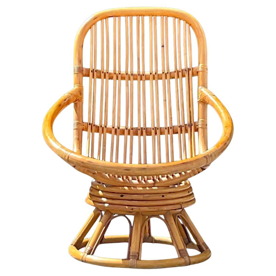 Vintage Coastal Rattan Swivel Lounge Chair For Sale