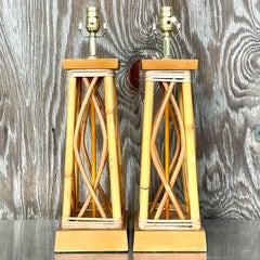 Vintage Coastal Rattan Table Lamps, a Pair