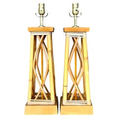Vintage Coastal Rattan Table Lamps, a Pair
