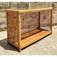Vintage Coastal Rattan Trellis Console Table