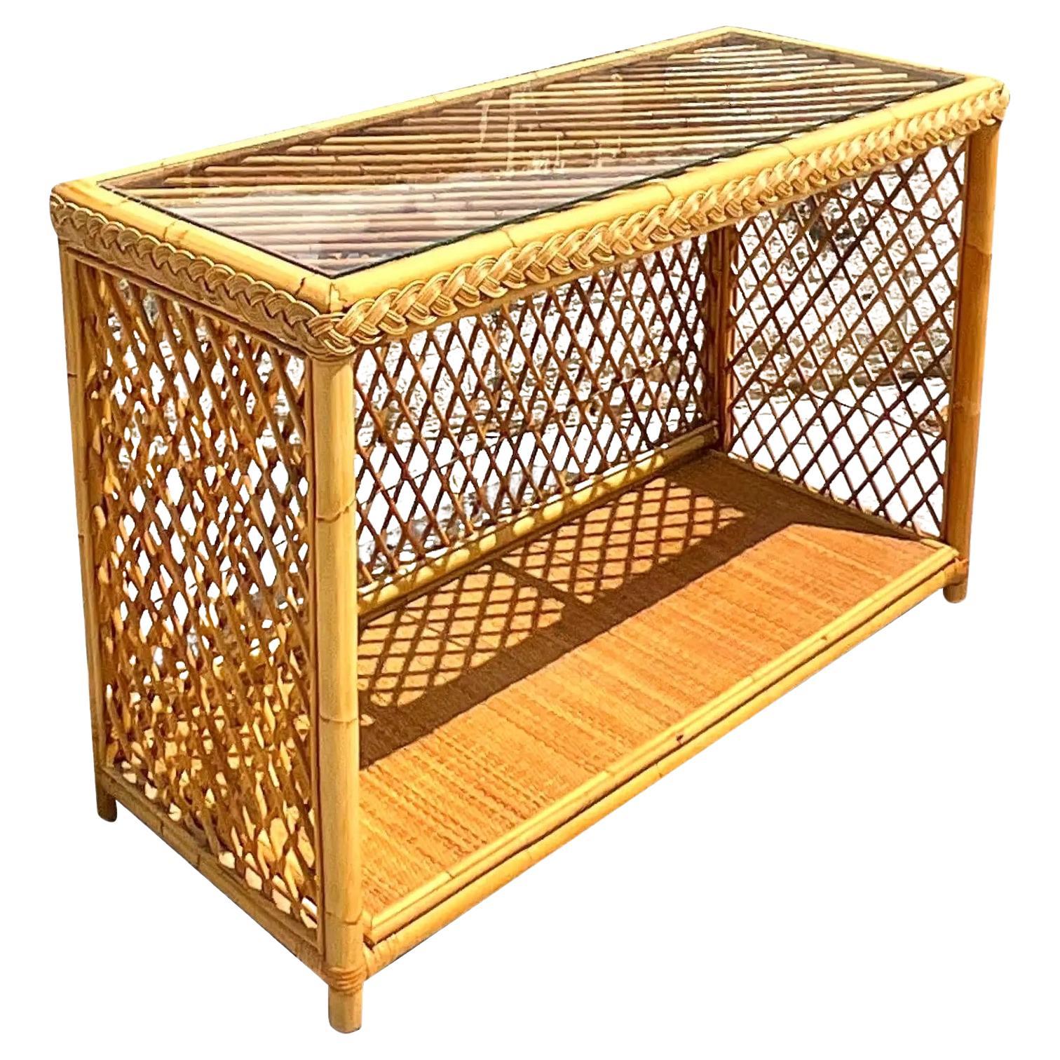 Vintage Oak and Rattan Console Table at 1stDibs