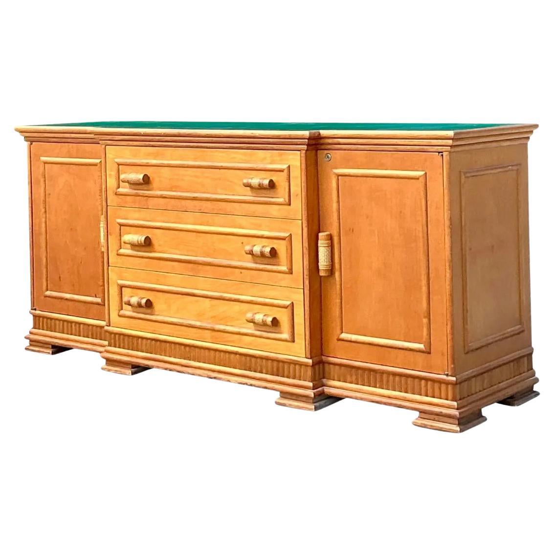 Vintage Coastal Rattan Trimmed Credenza