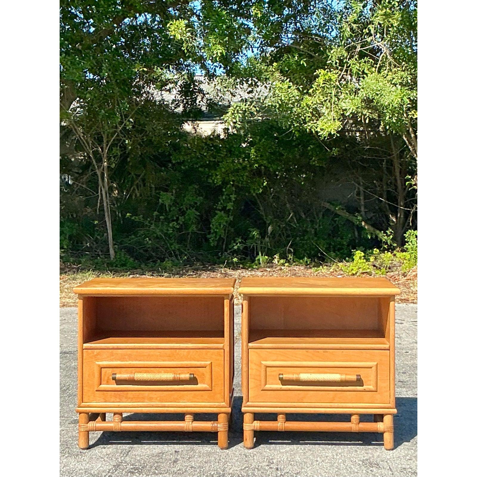 American Vintage Coastal Rattan Trimmed Nightstands - A Pair For Sale