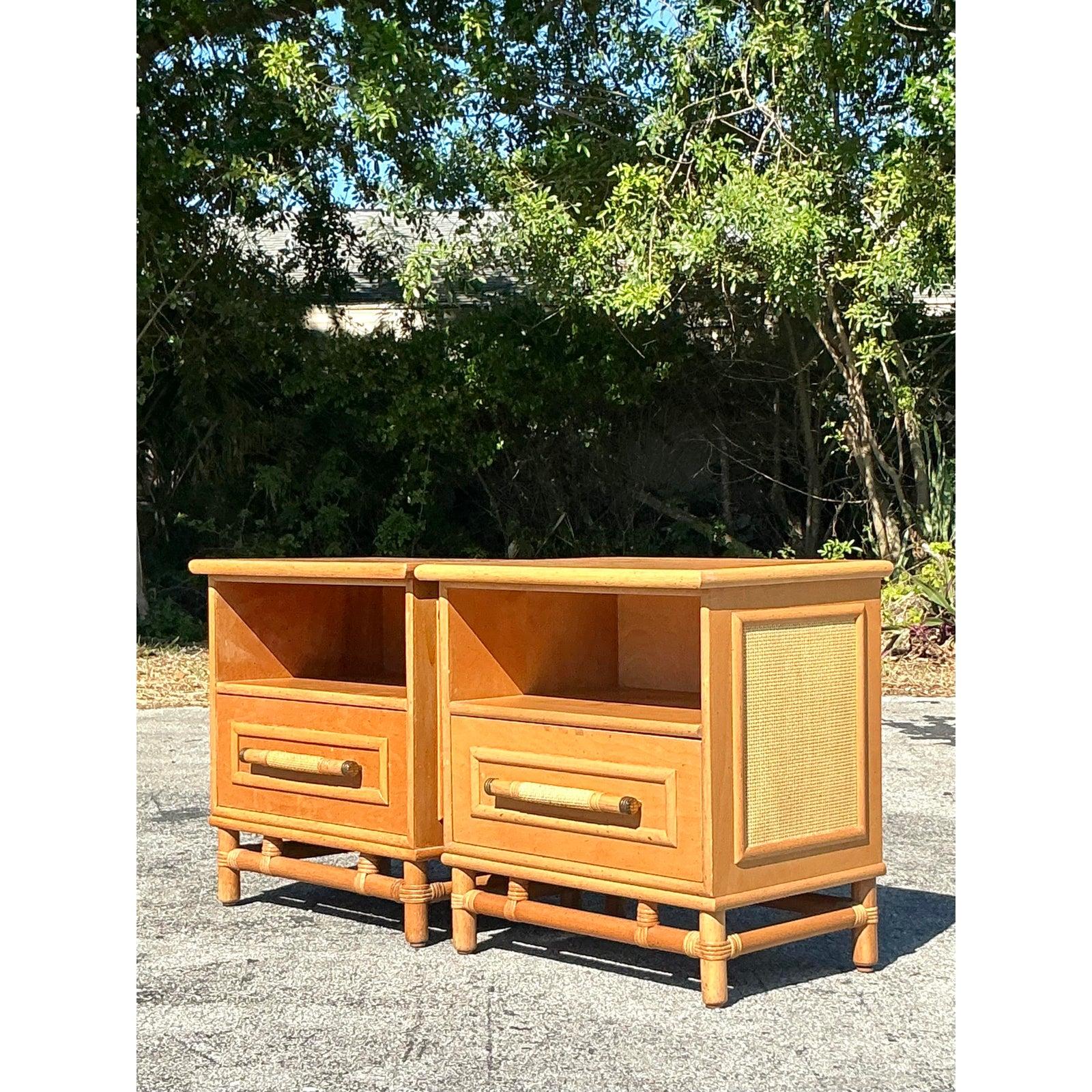 Vintage Coastal Rattan Trimmed Nightstands - A Pair In Good Condition For Sale In west palm beach, FL