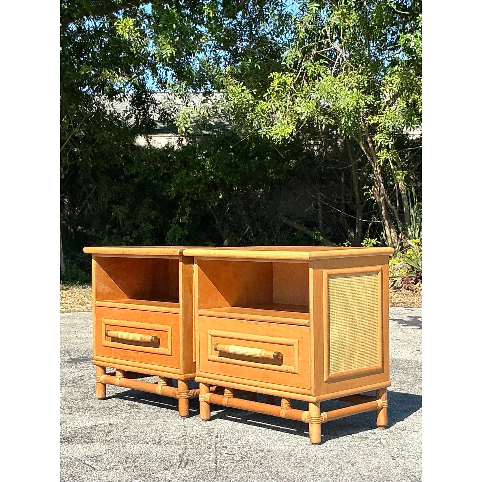 20th Century Vintage Coastal Rattan Trimmed Nightstands - A Pair For Sale