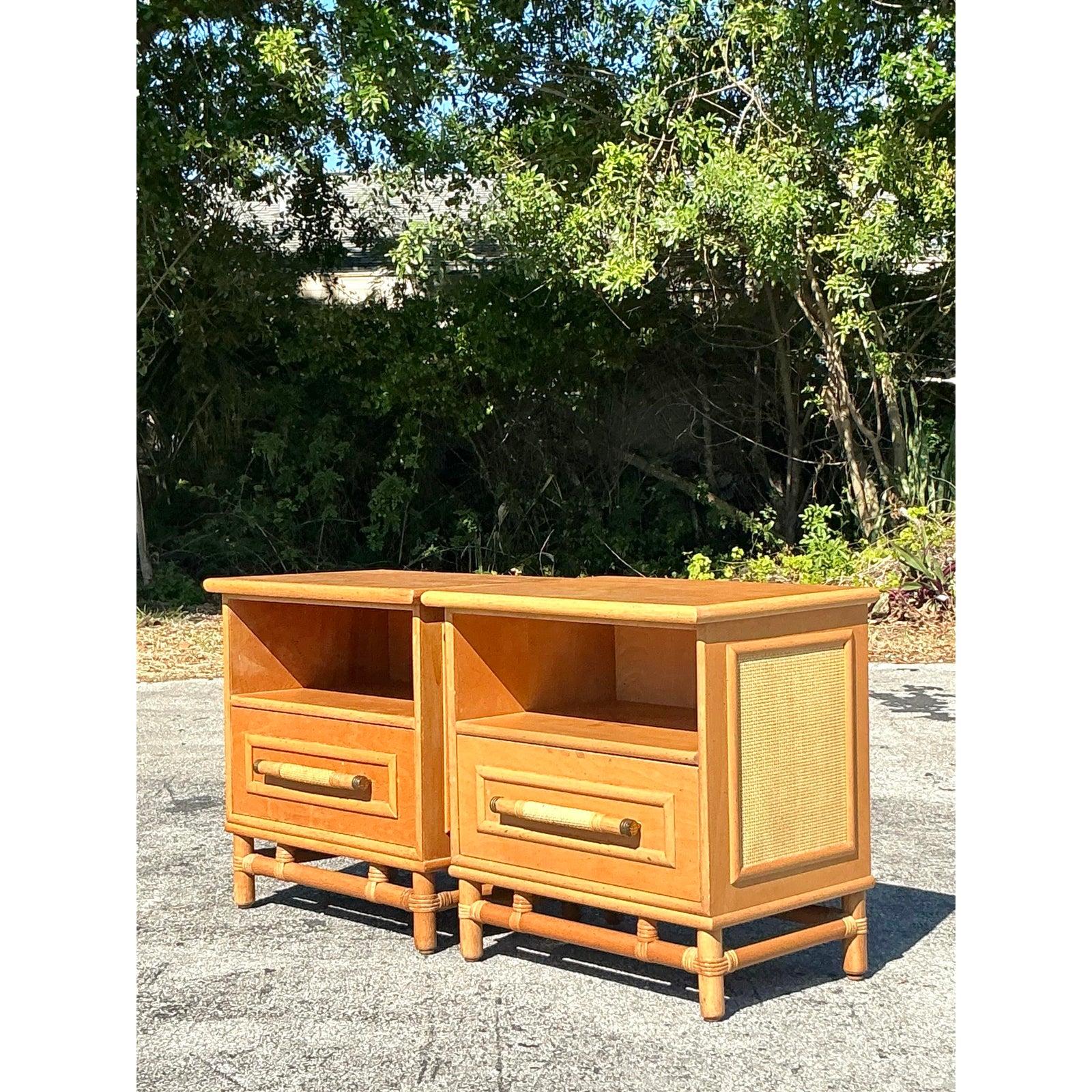Vintage Coastal Rattan Trimmed Nightstands - A Pair For Sale 1