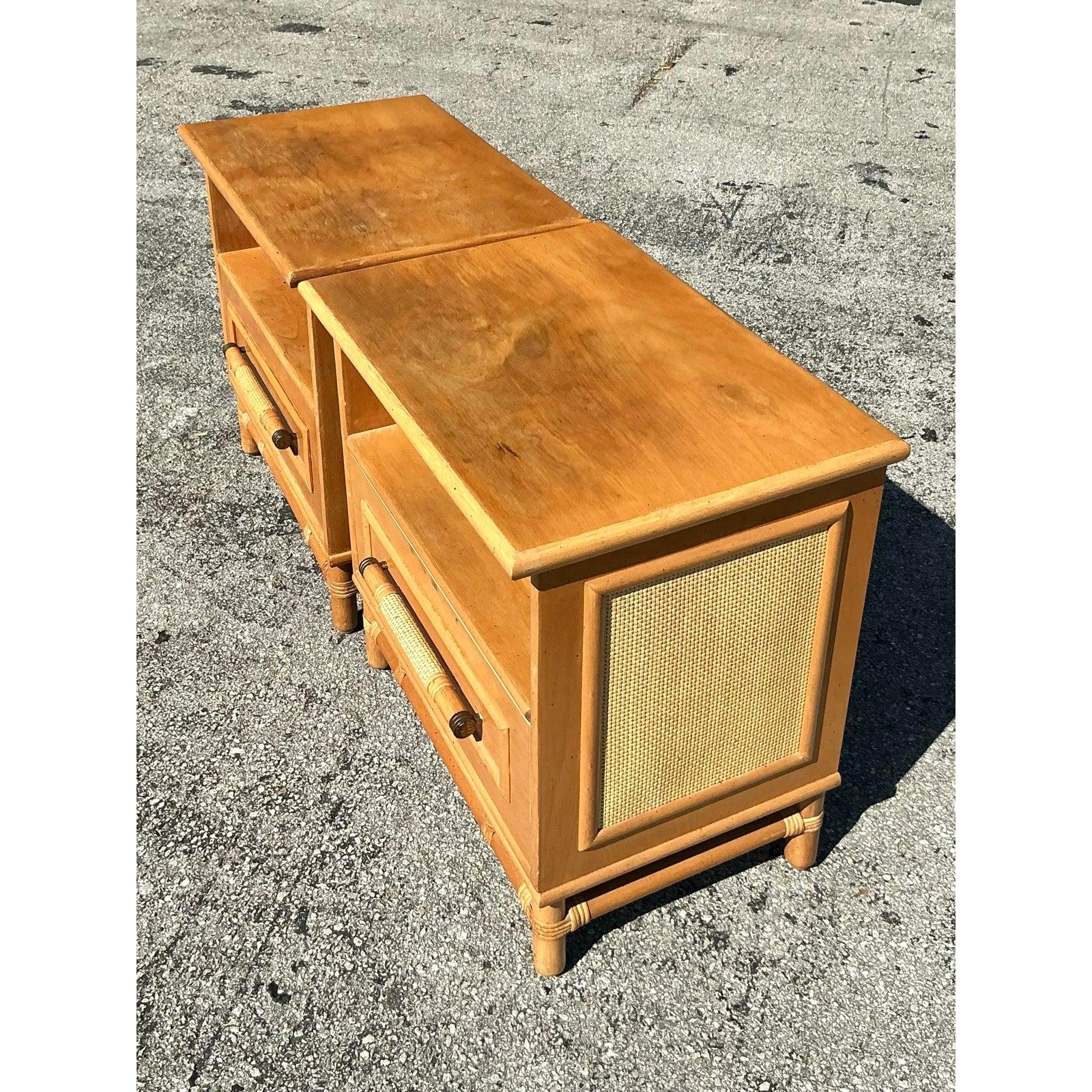 Vintage Coastal Rattan Trimmed Nightstands - A Pair For Sale 2
