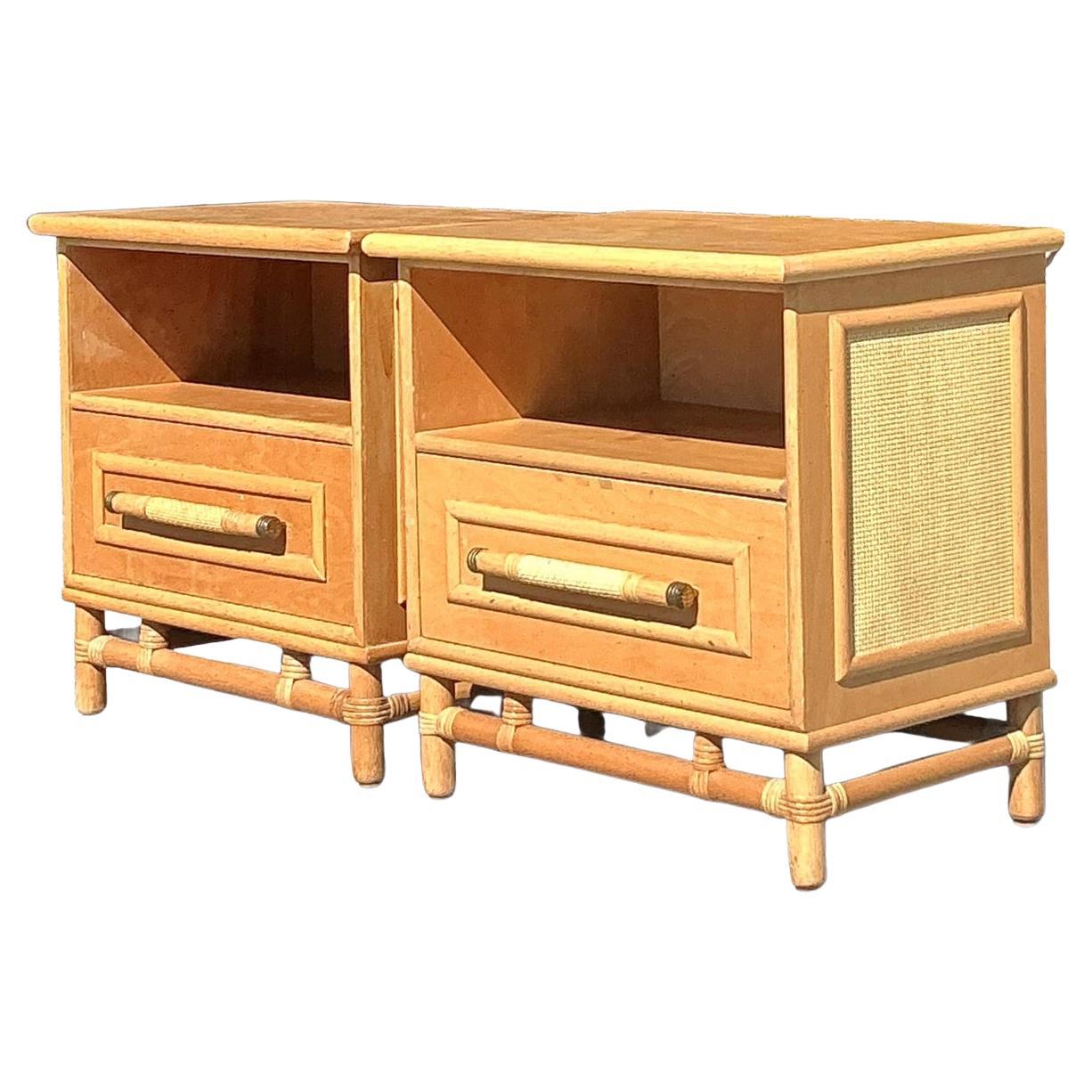 Vintage Coastal Rattan Trimmed Nightstands - A Pair