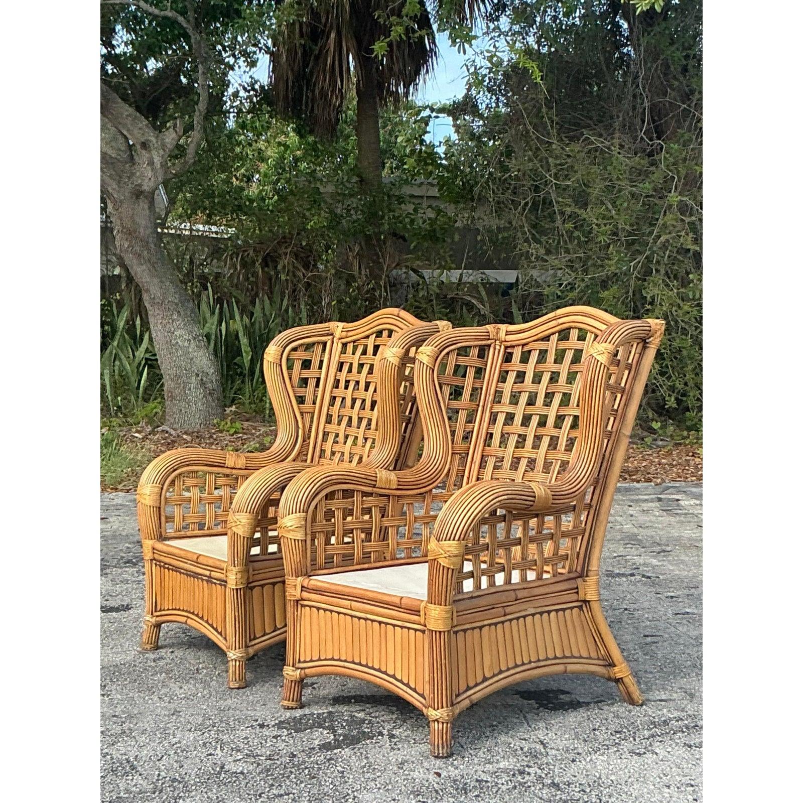 Vintage Coastal Rattan-Ohrensessel mit Ohrensesseln - ein Paar im Angebot 2