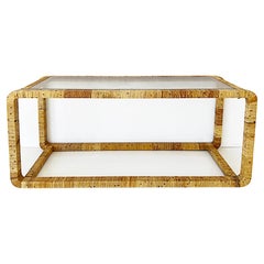 Vintage Coastal Rattan Wrapped Console Table with Glass Top