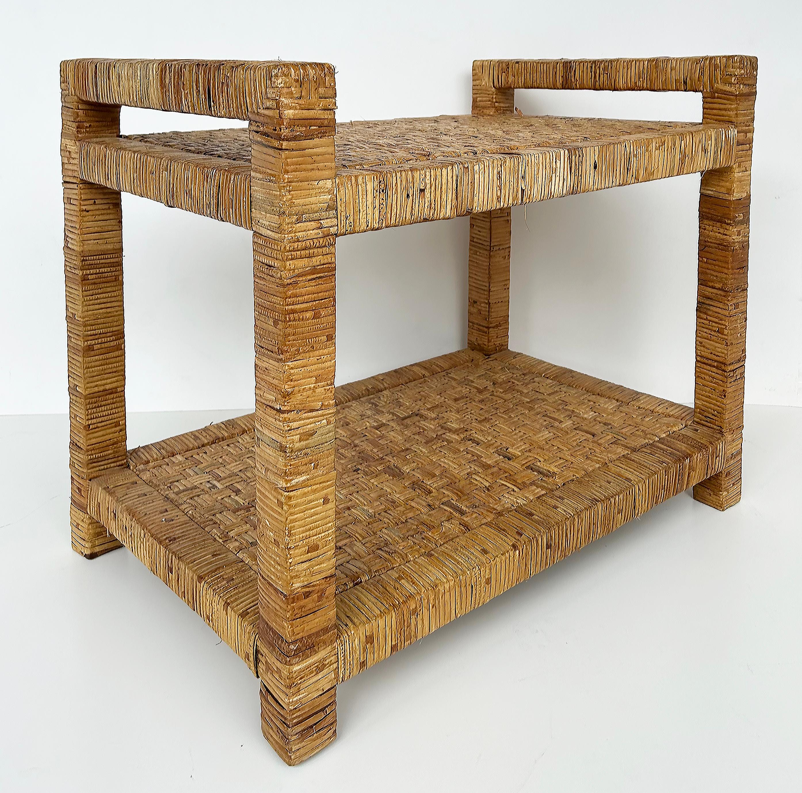 Vintage Coastal Rattan Wrapped Side Table or Service Bar In Good Condition For Sale In Miami, FL