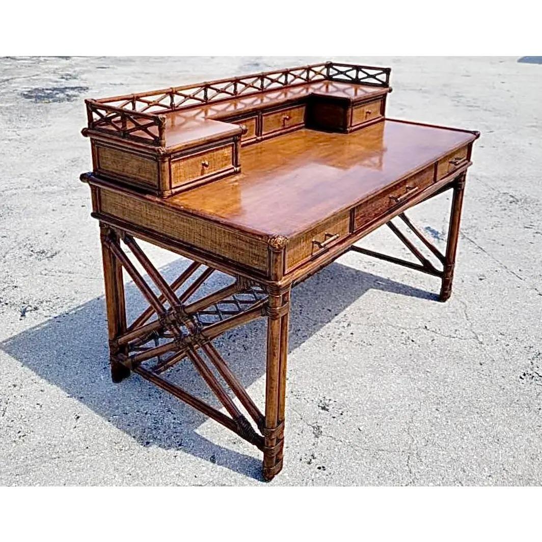 North American Vintage Coastal Rattan Writing Desk