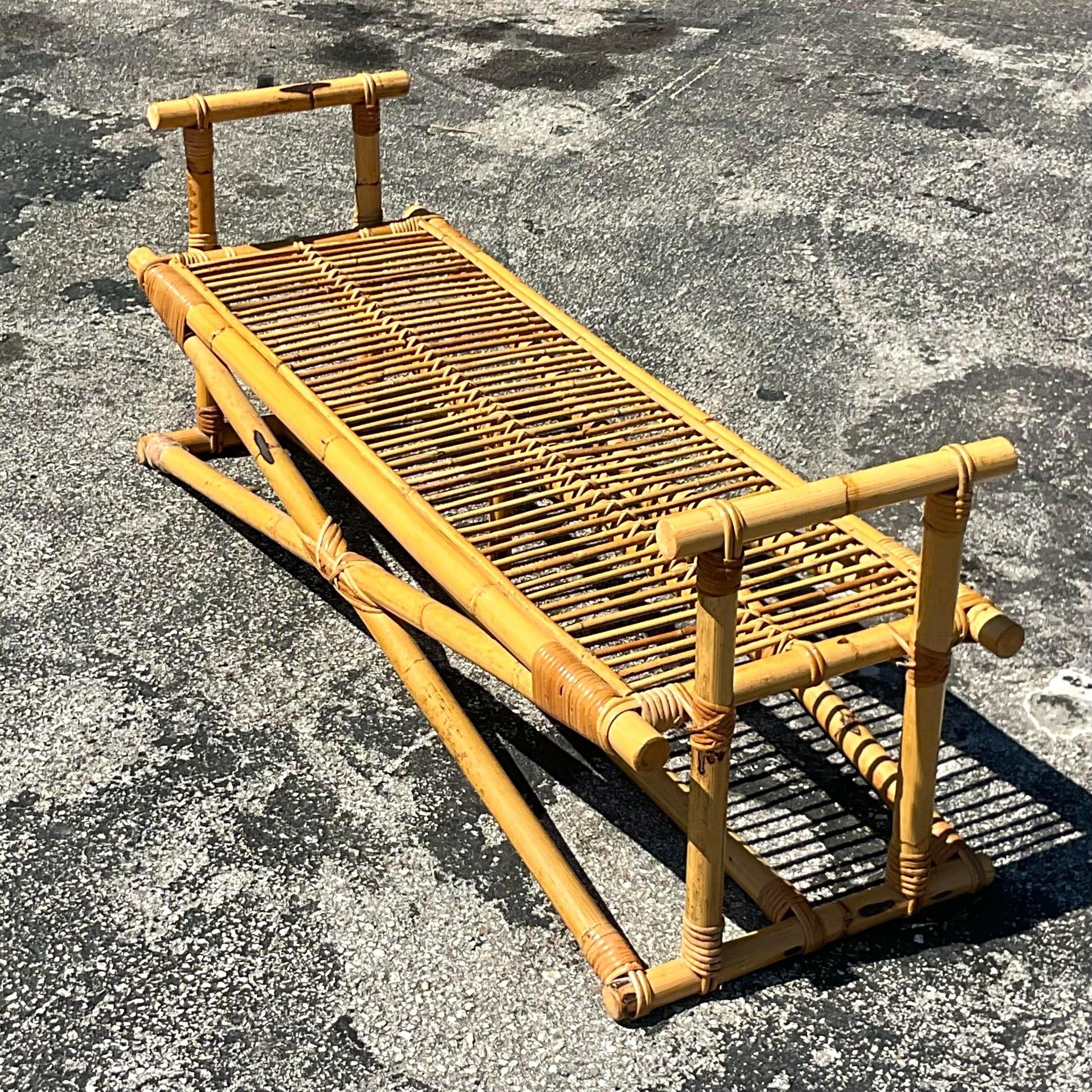 Vintage Coastal Rattan X Bench In Good Condition For Sale In west palm beach, FL