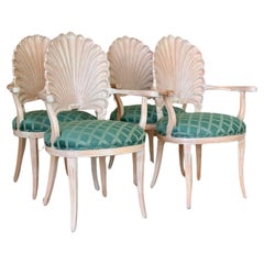 Vintage Coastal Regency Cerused Carved Shell Scalloped Dining Chairs-Set of Four