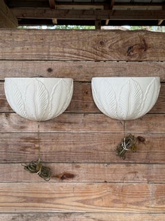 Vintage Coastal Regency Glazed Ceramic Palm Leaf Wall Sconces by Haeger-Pair