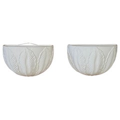 Vintage Coastal Regency Glazed Ceramic Palm Leaf Wall Sconces by Haeger-Pair