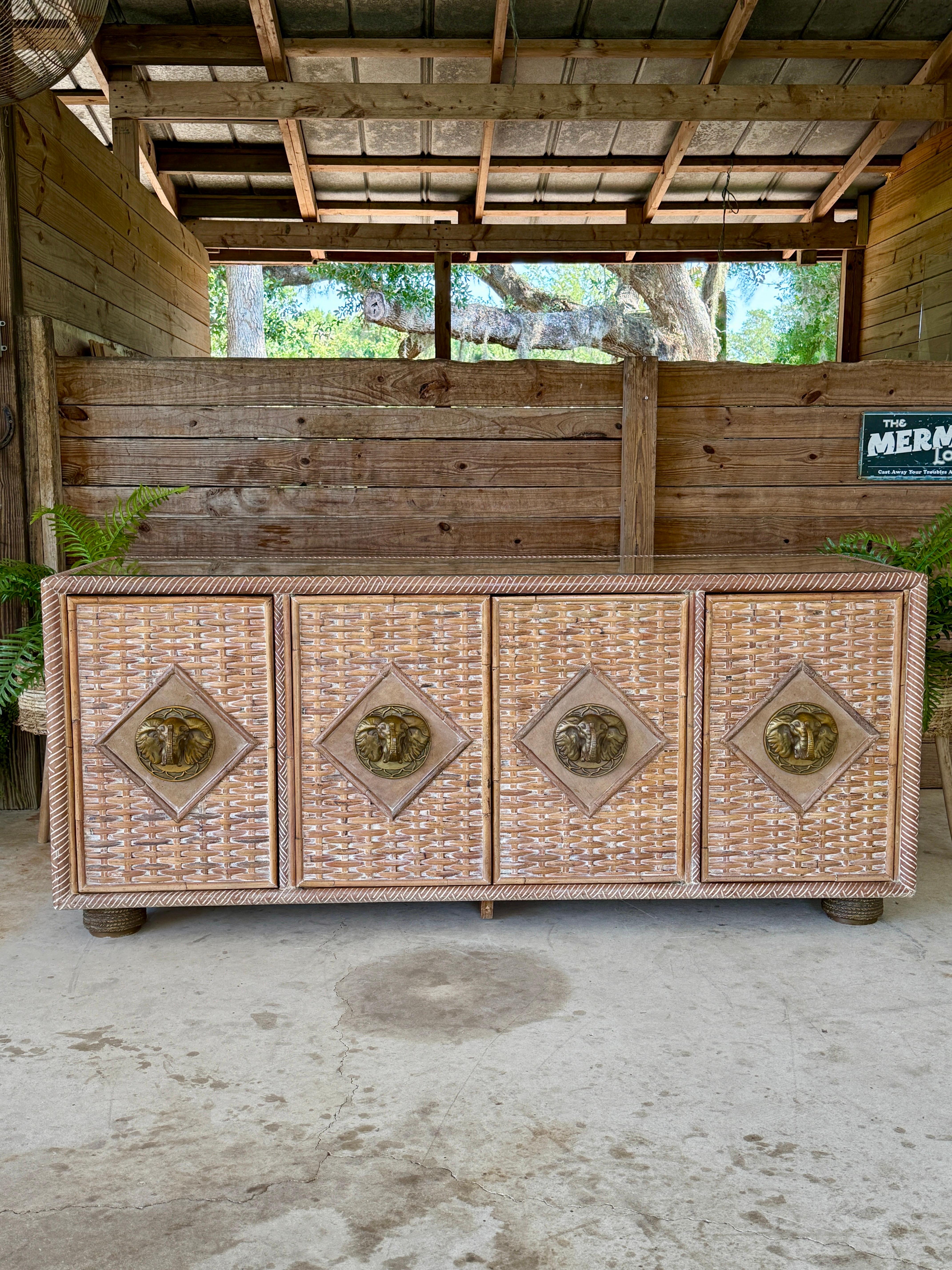 Vintage Coastal Regency Handwoven Rattan Sideboard With Elephant Head Pulls For Sale 9