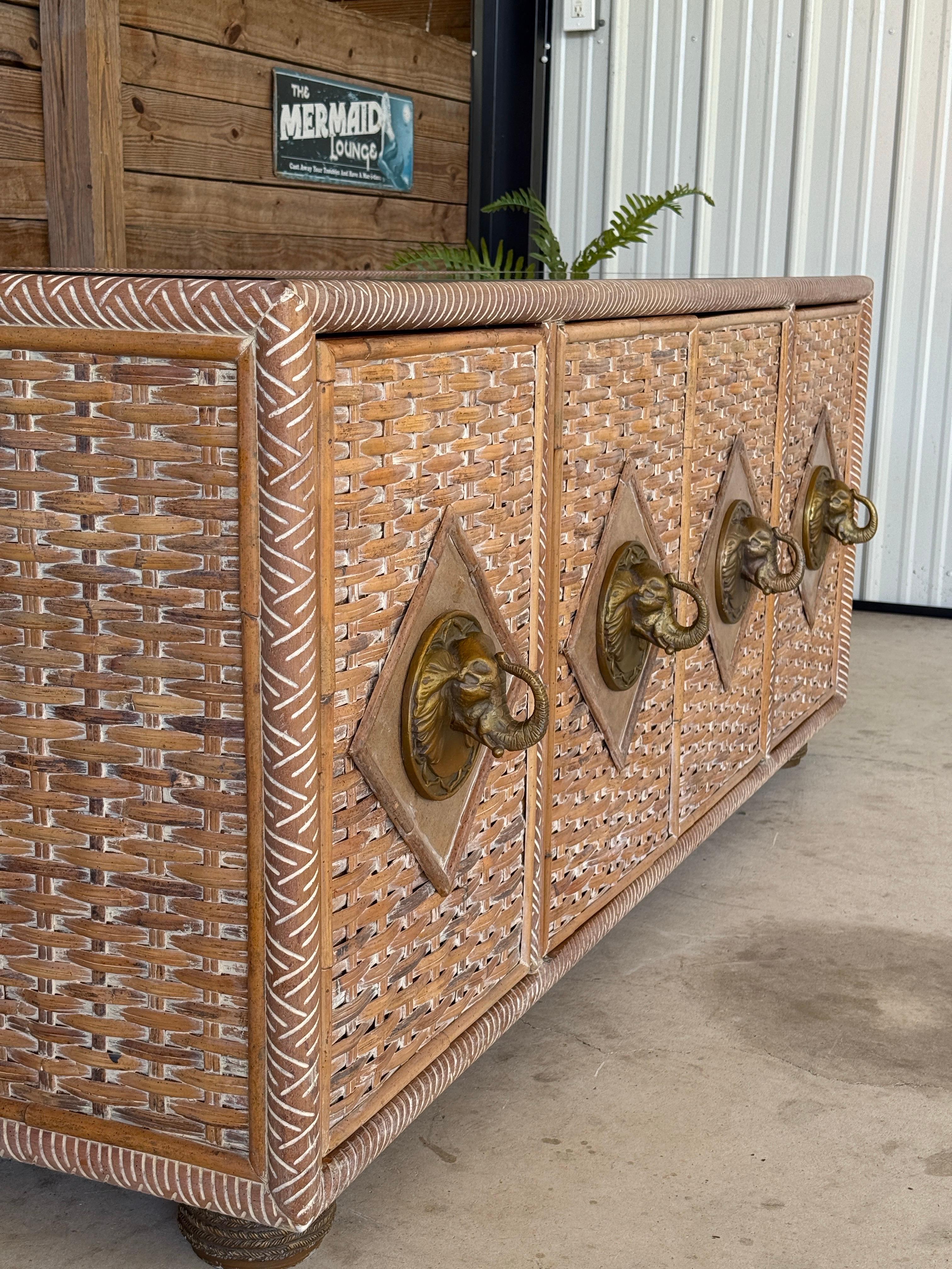 Vintage Coastal Regency Handwoven Rattan Sideboard With Elephant Head Pulls For Sale 10