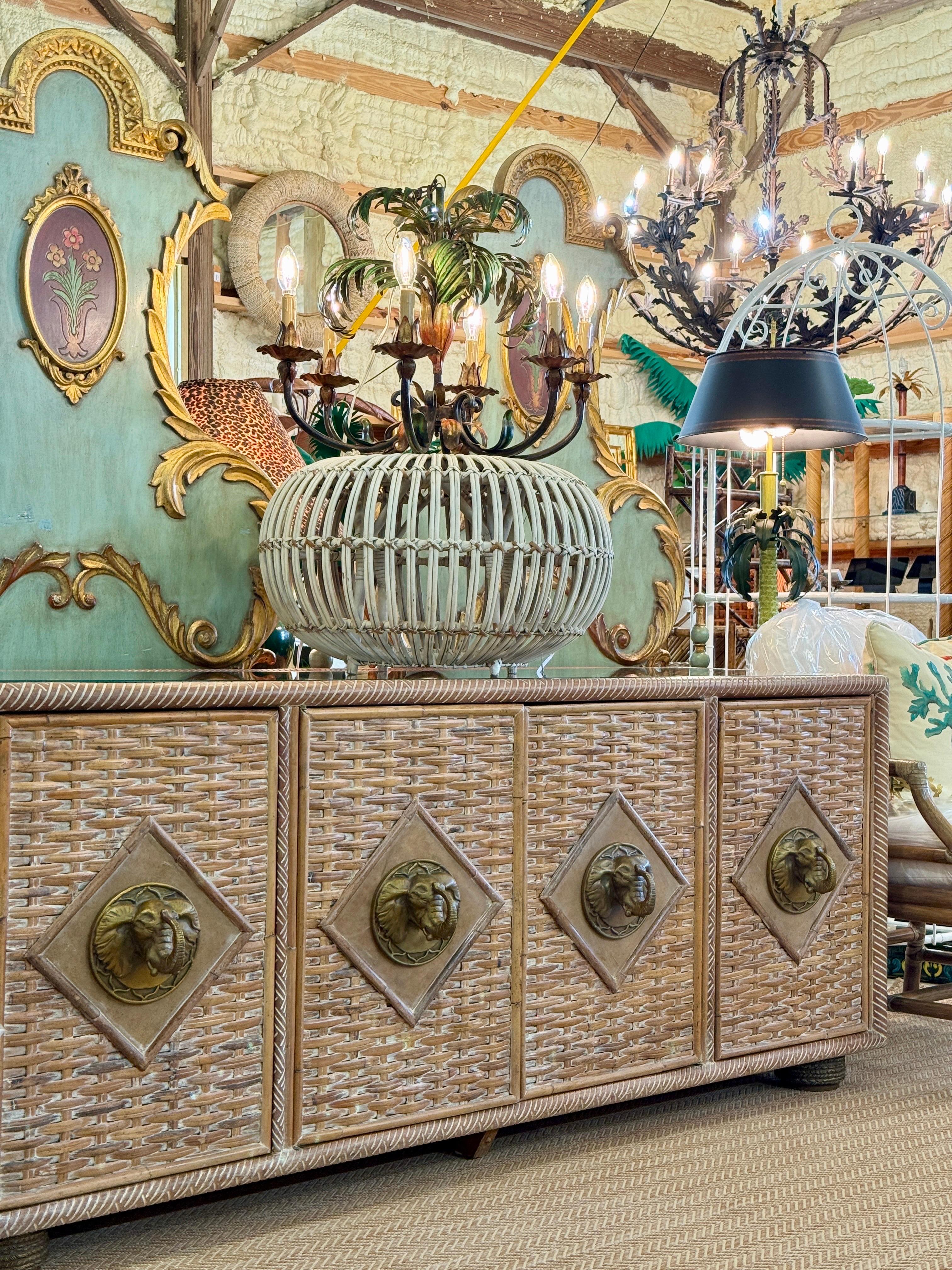 Vintage Coastal Regency Handwoven Rattan Sideboard With Elephant Head Pulls For Sale 11