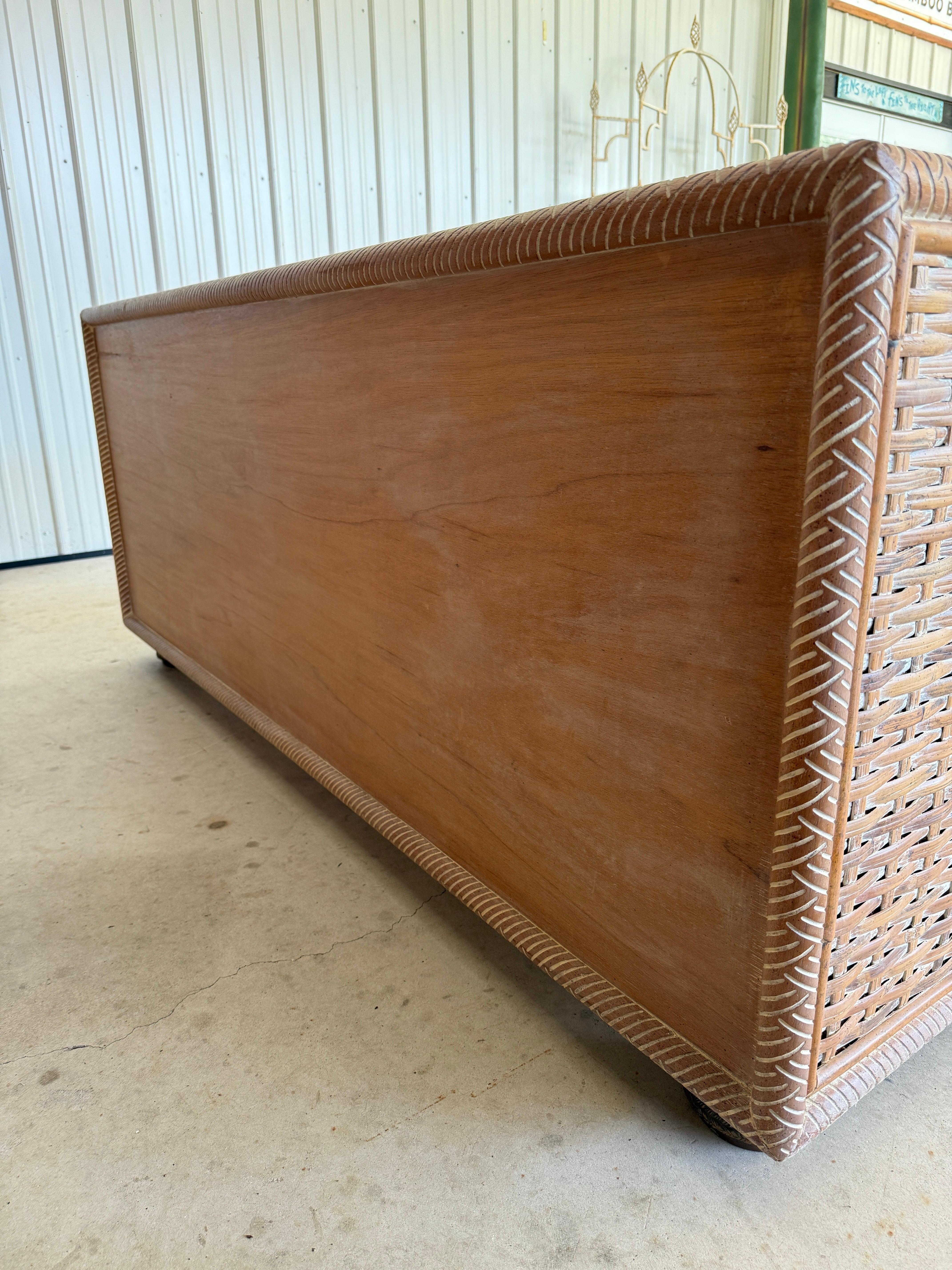 Hand-Crafted Vintage Coastal Regency Handwoven Rattan Sideboard With Elephant Head Pulls For Sale