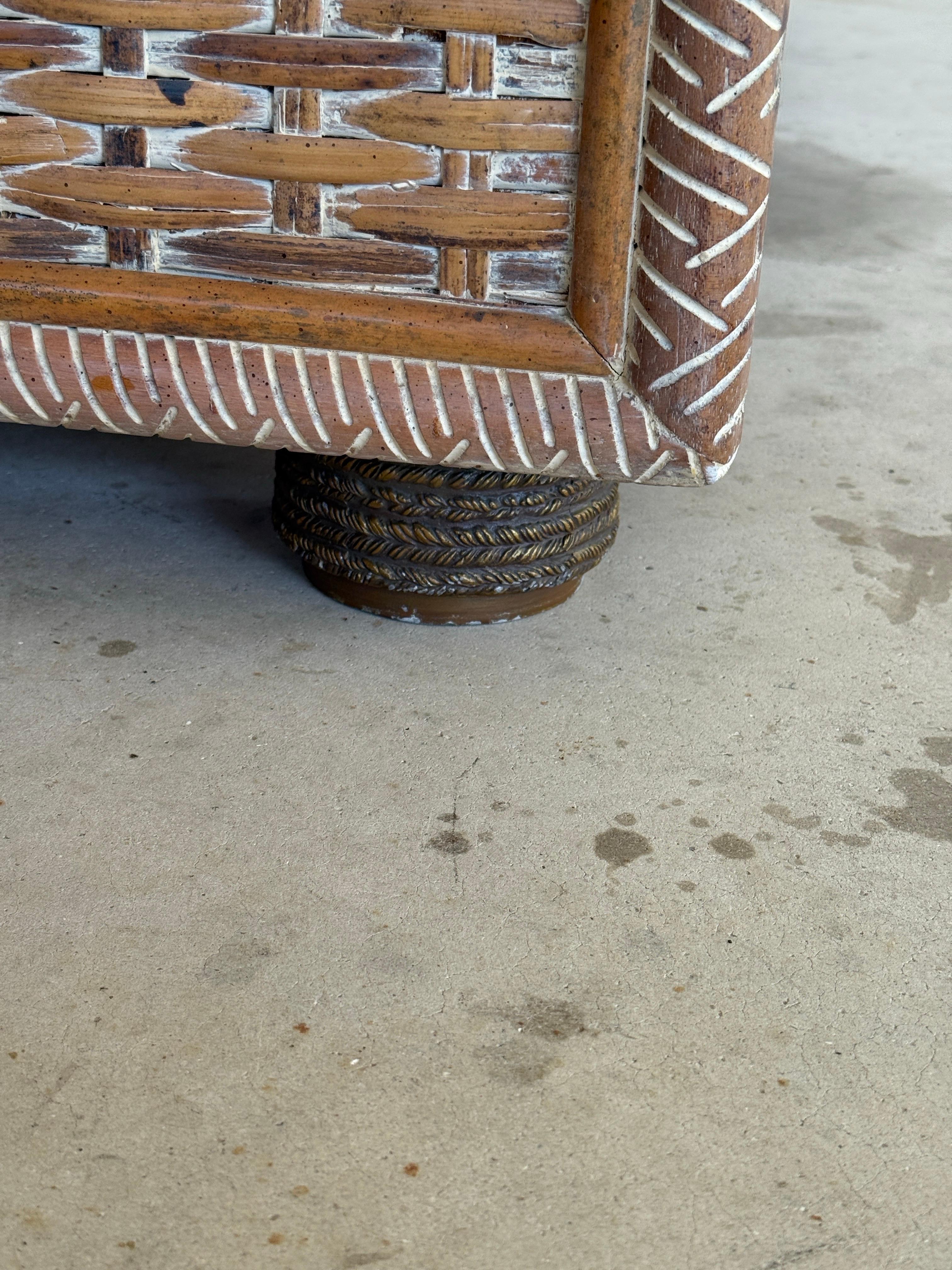 Vintage Coastal Regency Handwoven Rattan Sideboard With Elephant Head Pulls In Good Condition For Sale In North Fort Myers, FL