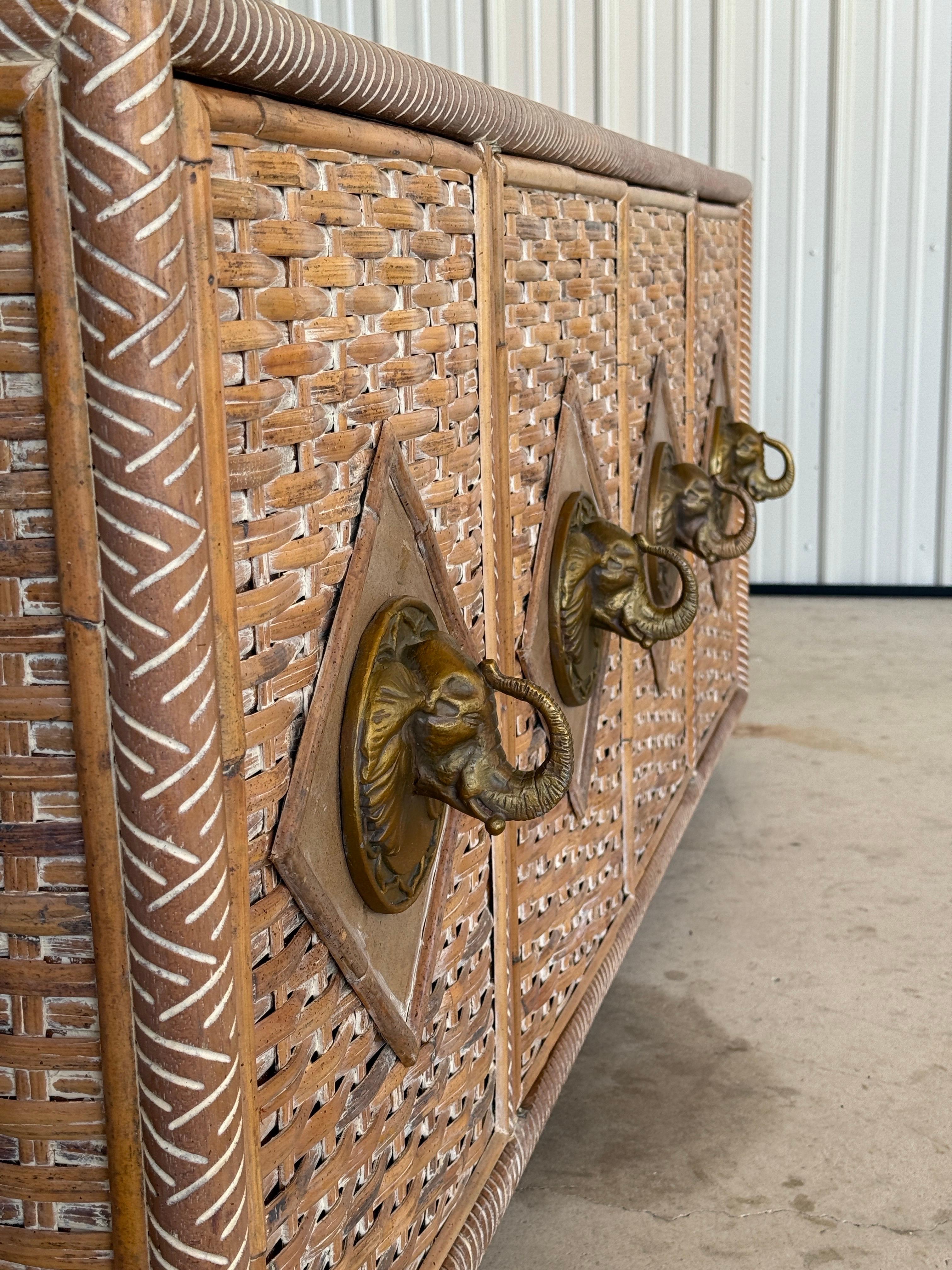 Late 20th Century Vintage Coastal Regency Handwoven Rattan Sideboard With Elephant Head Pulls For Sale