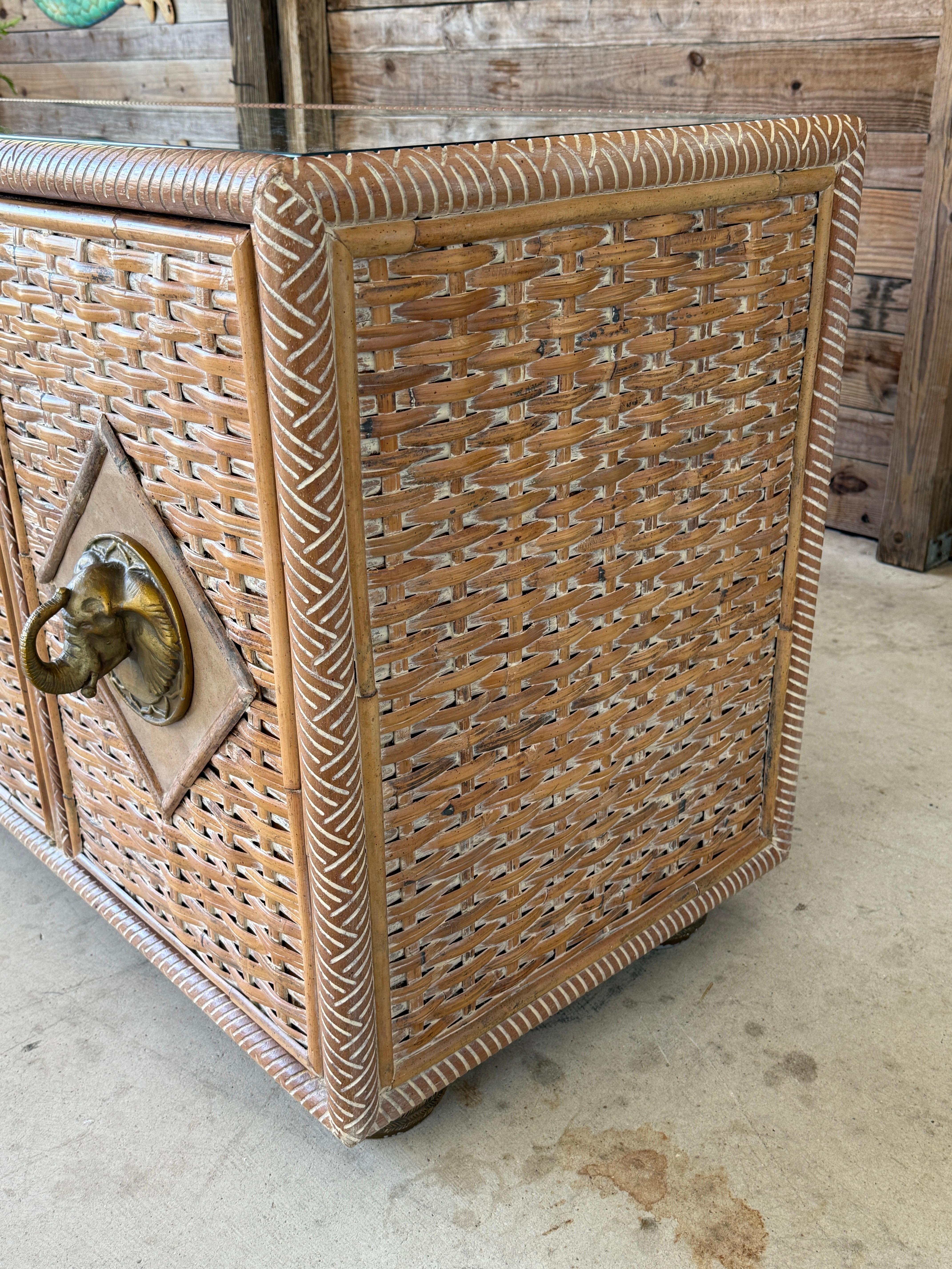 Vintage Coastal Regency Handwoven Rattan Sideboard With Elephant Head Pulls For Sale 1