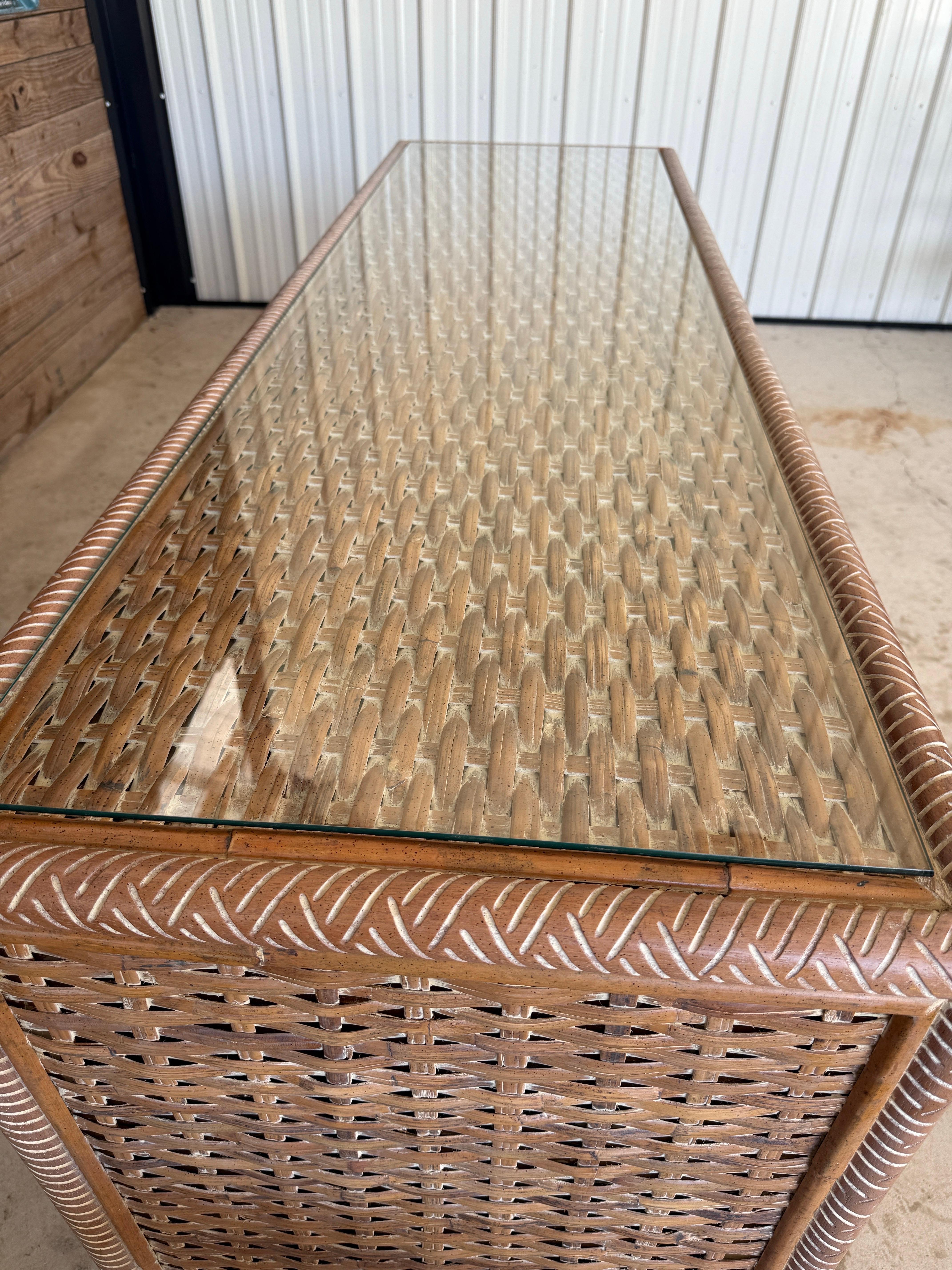 Vintage Coastal Regency Handwoven Rattan Sideboard With Elephant Head Pulls For Sale 2
