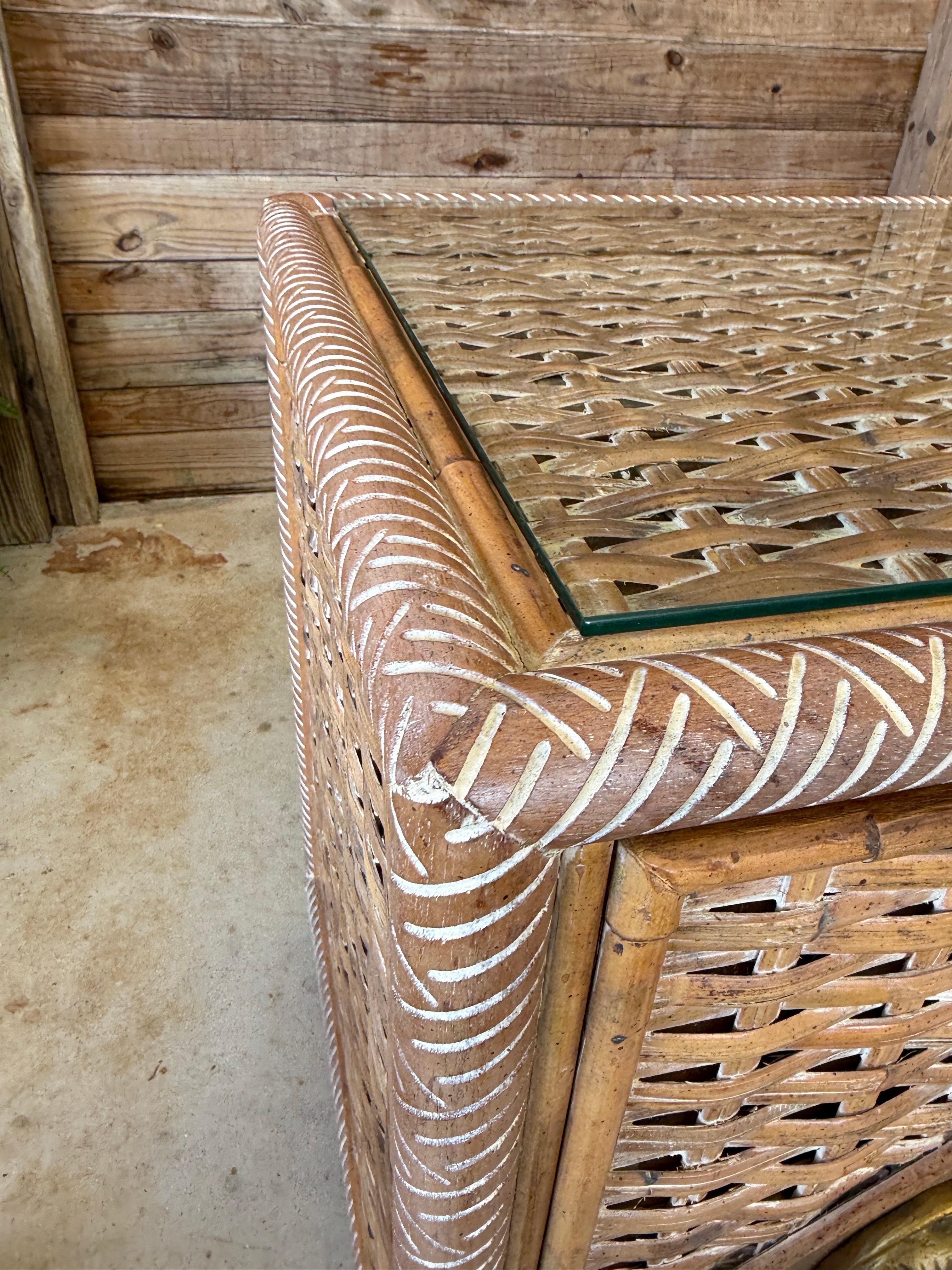 Vintage Coastal Regency Handwoven Rattan Sideboard With Elephant Head Pulls For Sale 3
