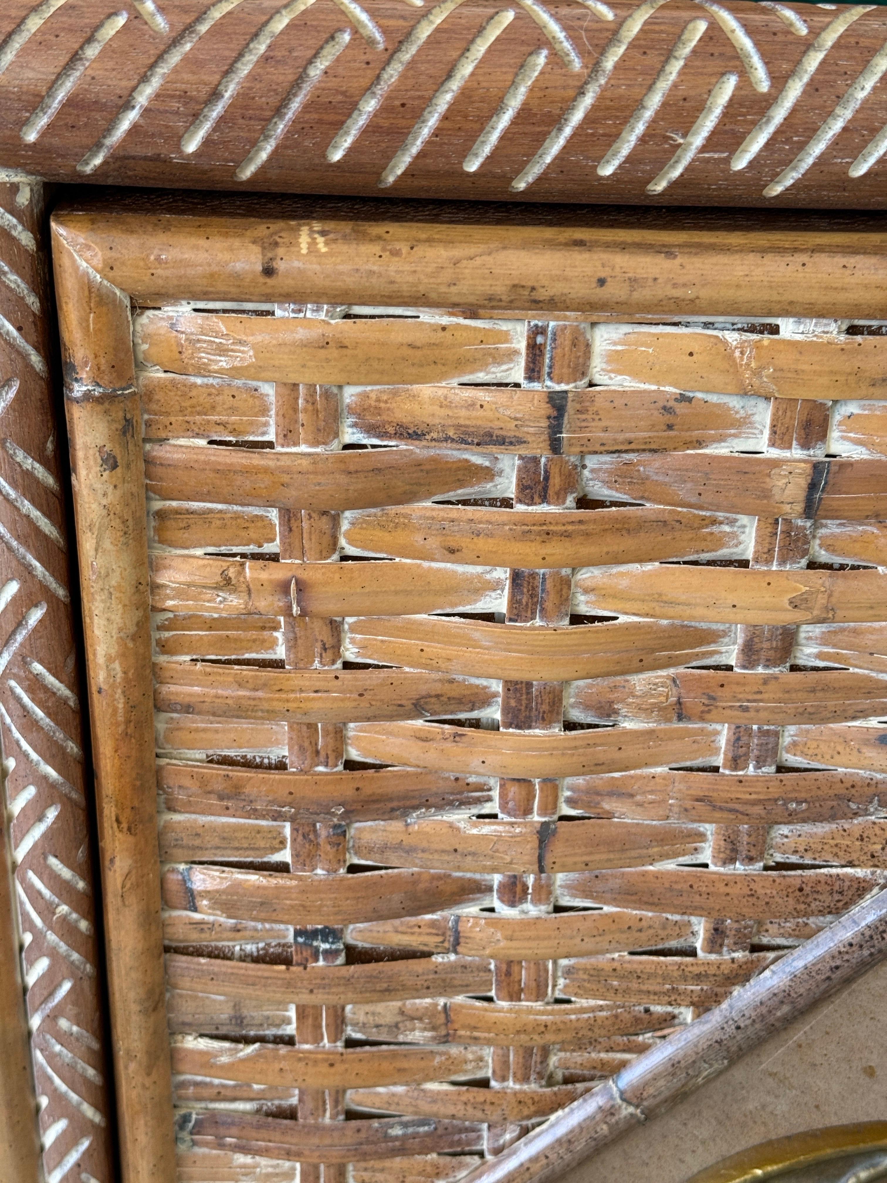 Vintage Coastal Regency Handwoven Rattan Sideboard With Elephant Head Pulls For Sale 4