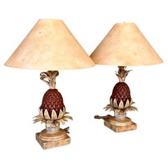 Vintage Coastal Regency Metal Tole Pinapple Table Lamps Pair