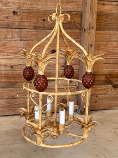 Vintage Coastal Regency Patinated Metal Tole Pineapple Chandelier