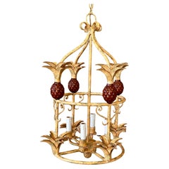 Vintage Coastal Regency Patinated Metal Tole Pineapple Chandelier