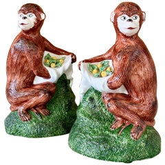 Vintage Coastal Regency Porcelain Glazed Figurative Italian Monkeys-Pair