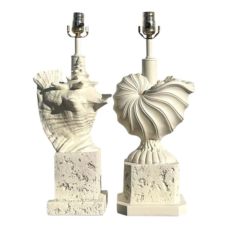 Pair of Lucite Lamps with Coral and Sea Shells For Sale at 1stDibs