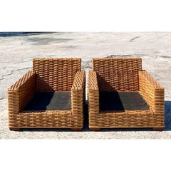 Vintage Coastal Restoration Hardware Woven Rattan Club Chairs, a Pair
