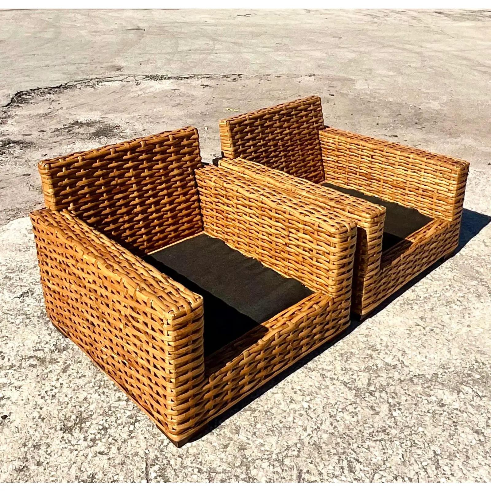 Vintage Coastal Restoration Hardware Woven Rattan Club Chairs a Pair