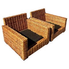 Vintage Coastal Restoration Hardware Woven Rattan Club Chairs, a Pair