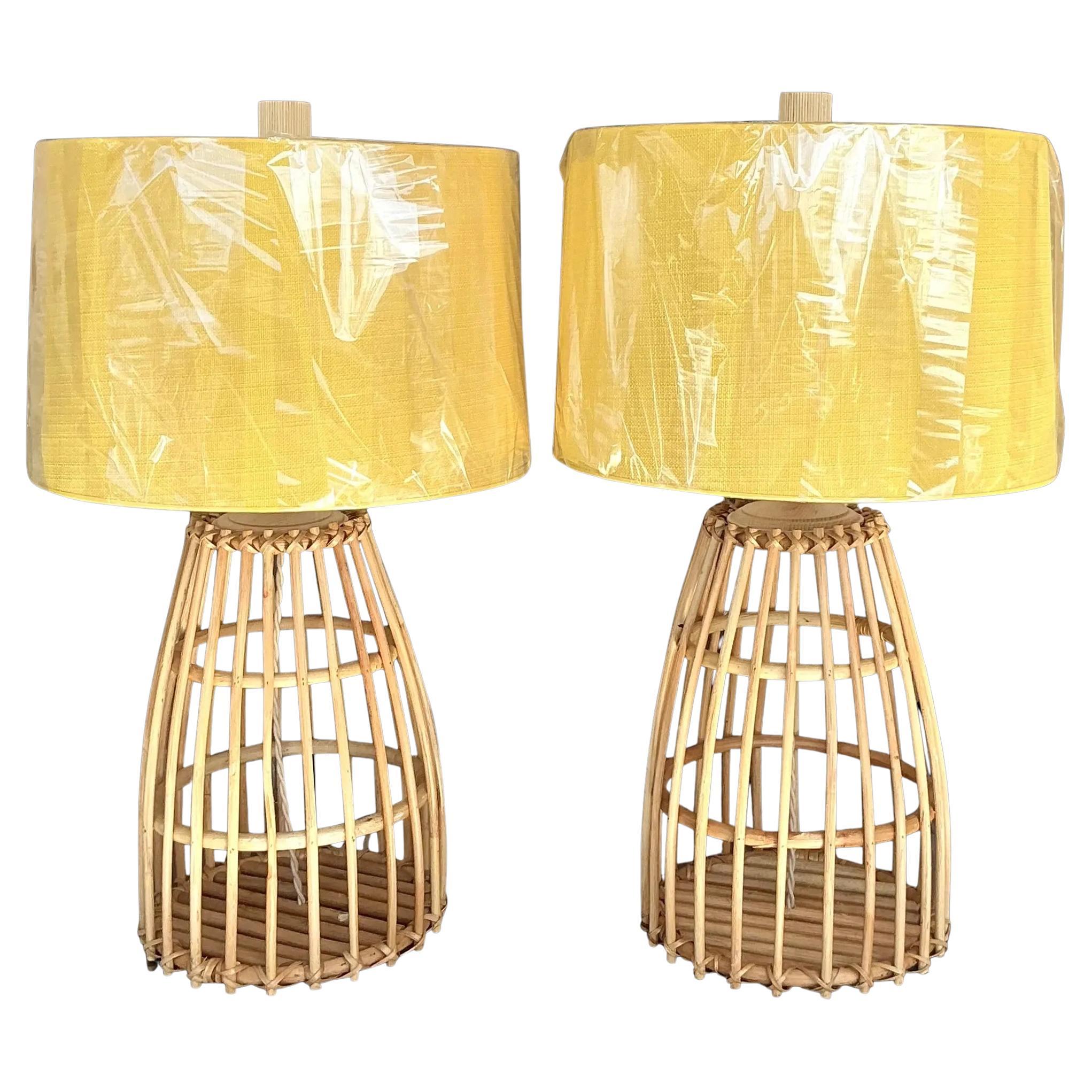 Vintage Coastal Ribbed Rattan Lamps With Shades - a Pair