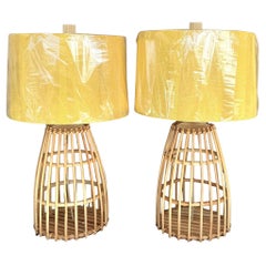 Vintage Coastal Ribbed Rattan Lamps With Shades - a Pair