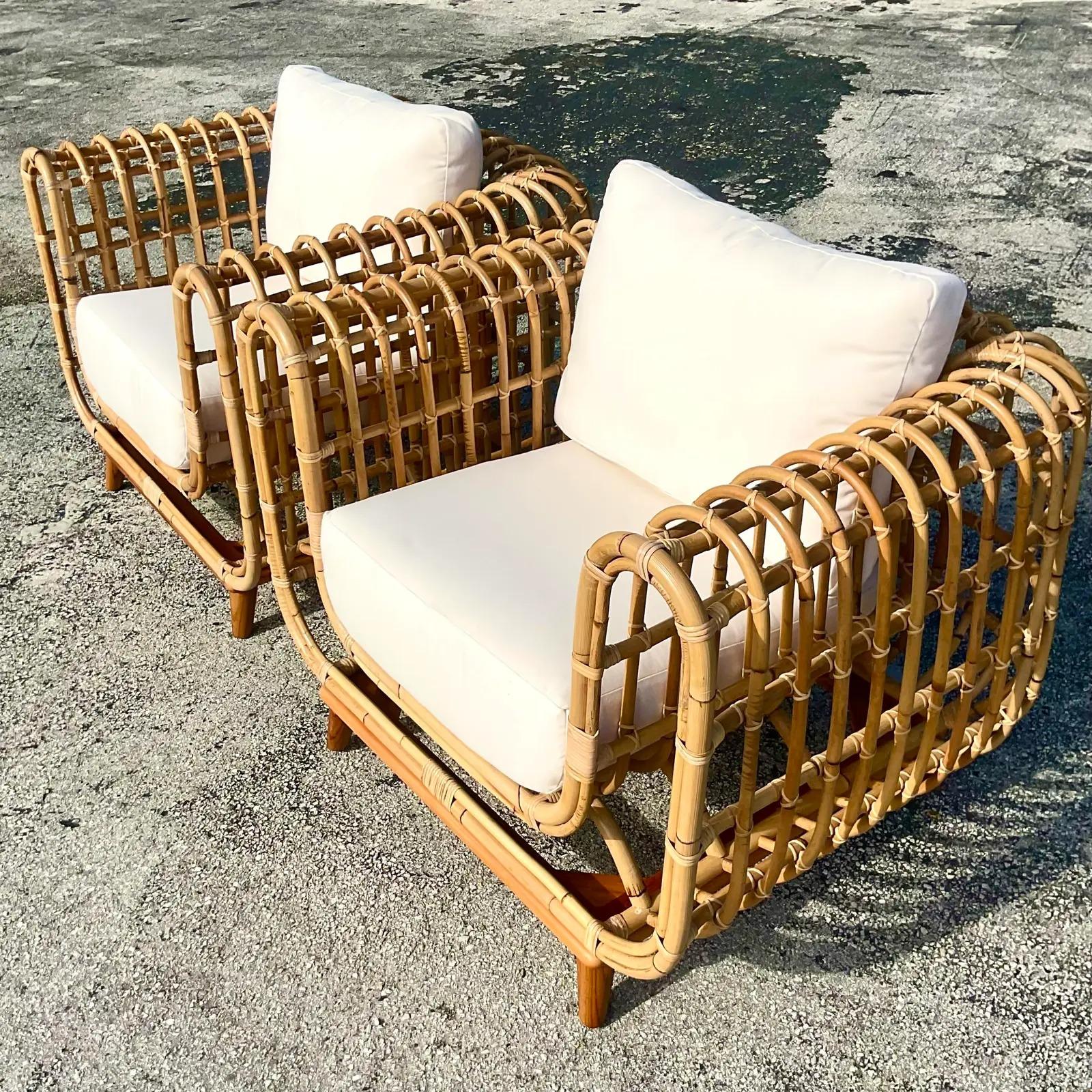 Vintage Coastal Ribbed Rattan Lounge Chairs, After Olko for Willow and Reed 5